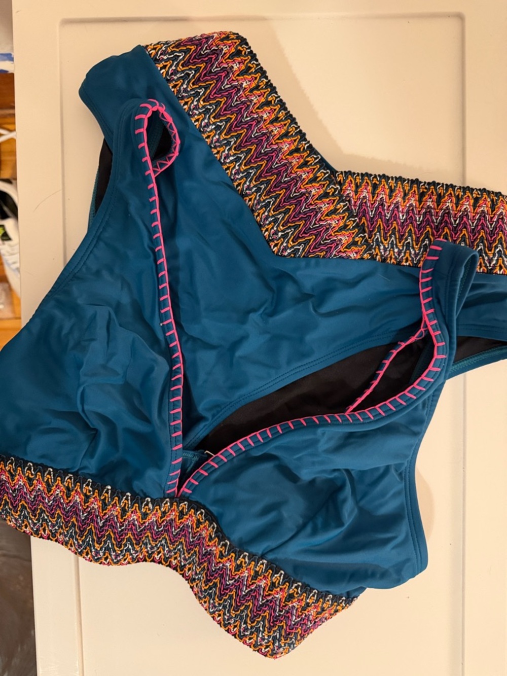 Cupshe Teal Bikini Top with Multicolor Zigzag Trim